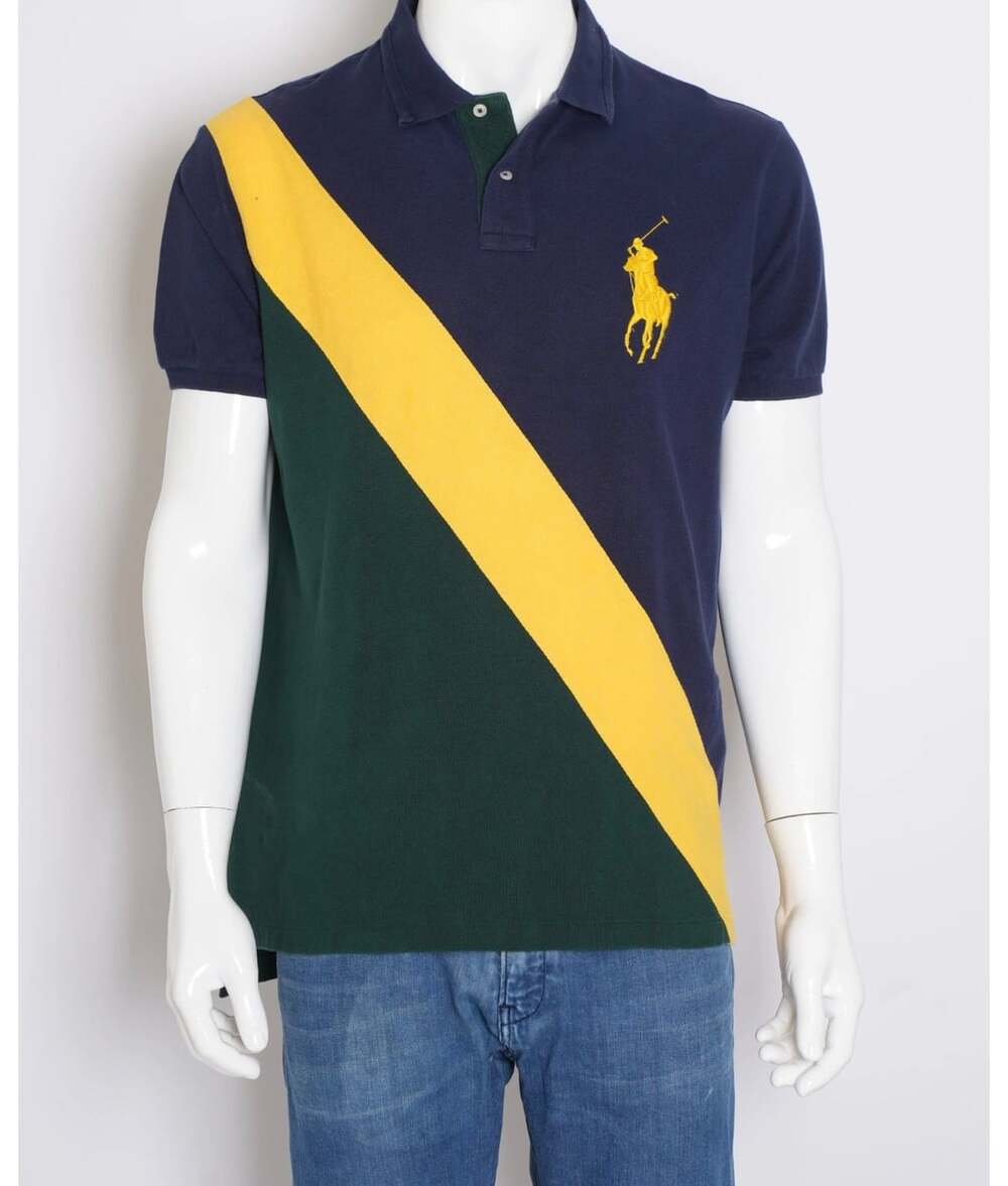Polo Ralph Lauren Polo Shirt Size M Navy Green Yellow Sash Stripe